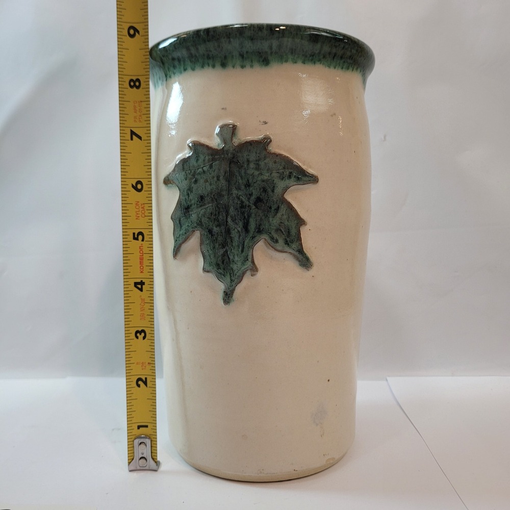 Lost Highway Pottery Vase Stoneware Maple Leaf Cream Green MN Artisan